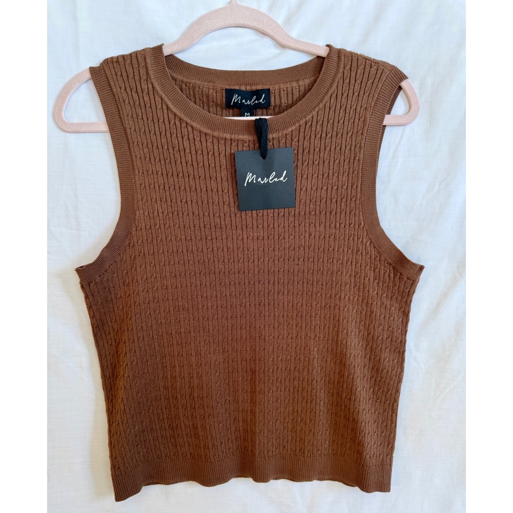 Marled Cable Knit Sweater Vest Cocoa Brown Sleeveless Crew Neck Top 01784-TJMS M